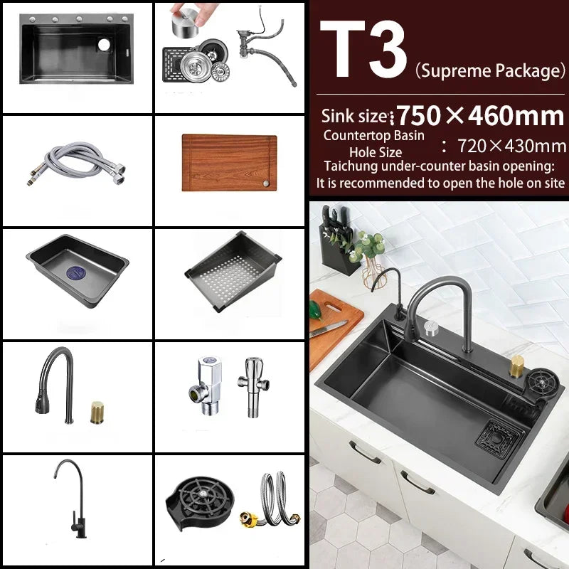 Black Nano Kitchen Sink 304 Stainless Steel Waterfall Sink Basin Large Single Bowl with Multifunction Touch Waterfall Faucet