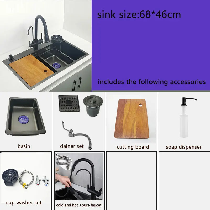 Matte Black Nano Kitchen Sink Above Mount Washing Basin with chopping board 304 Stainless Steel Single black kitchen sink