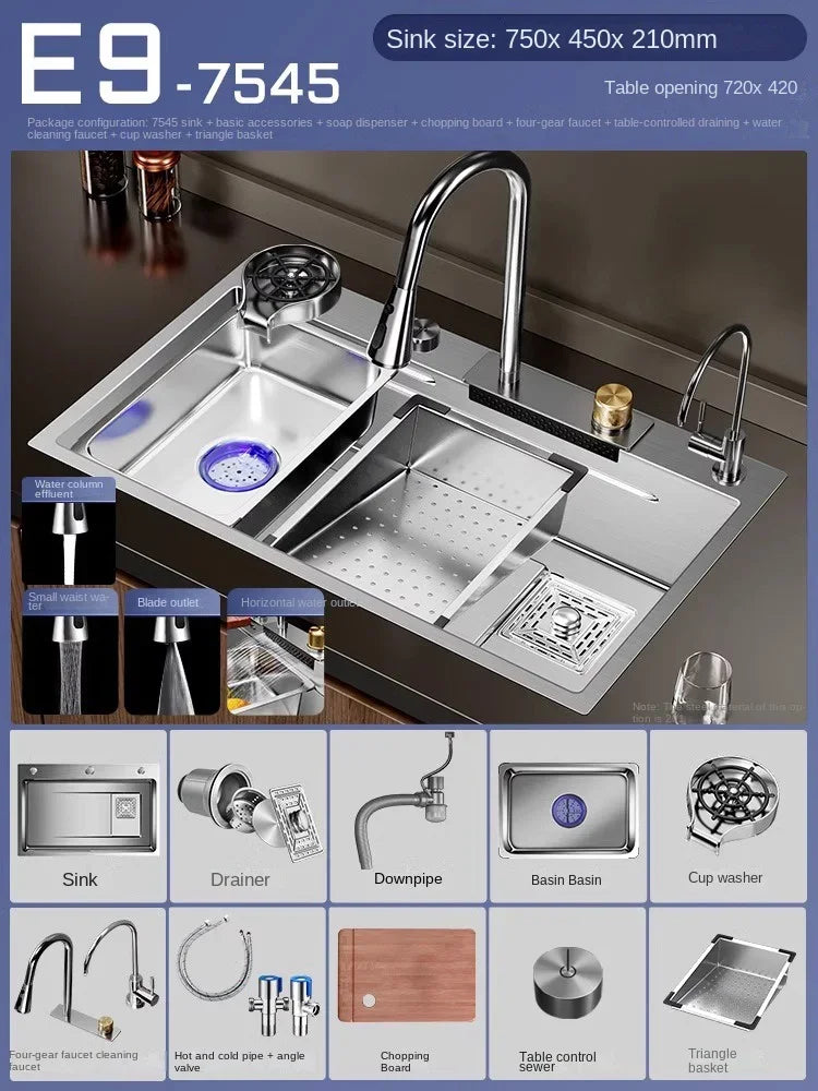 Nano 304 Stainless Steel Sink Waterfall Large Single Slot Kitchen Sink Vegetable Stainless Steel Household Sink