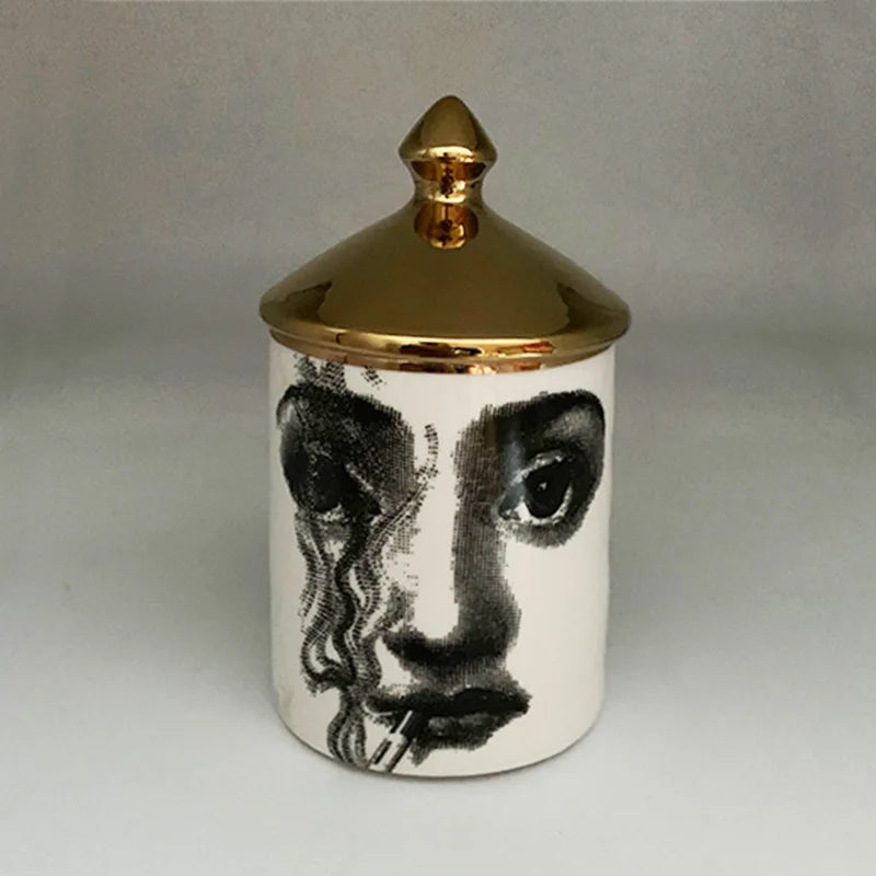 Gold Handmade Ceramic Empty Candle Holder Incense Candles Jar Lady Face Red Lip Cup Living Room Ornaments Home Decoration Box Cr