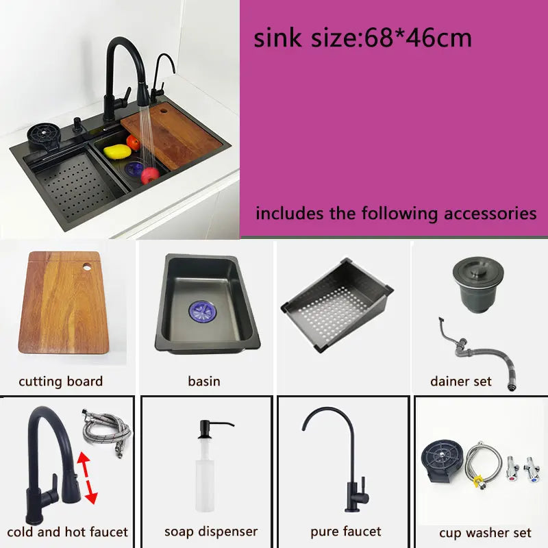 Kitchen Sink honeycomb anti-scratch nano technology left drain Above Mount Washing Basin Stainless Steel sinks waterfall faucet