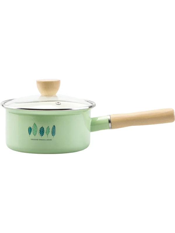 Wood single handle glass cover porcelain enamel baby food noodle soup milk stew pot Japanese small cooking stewpan thicken