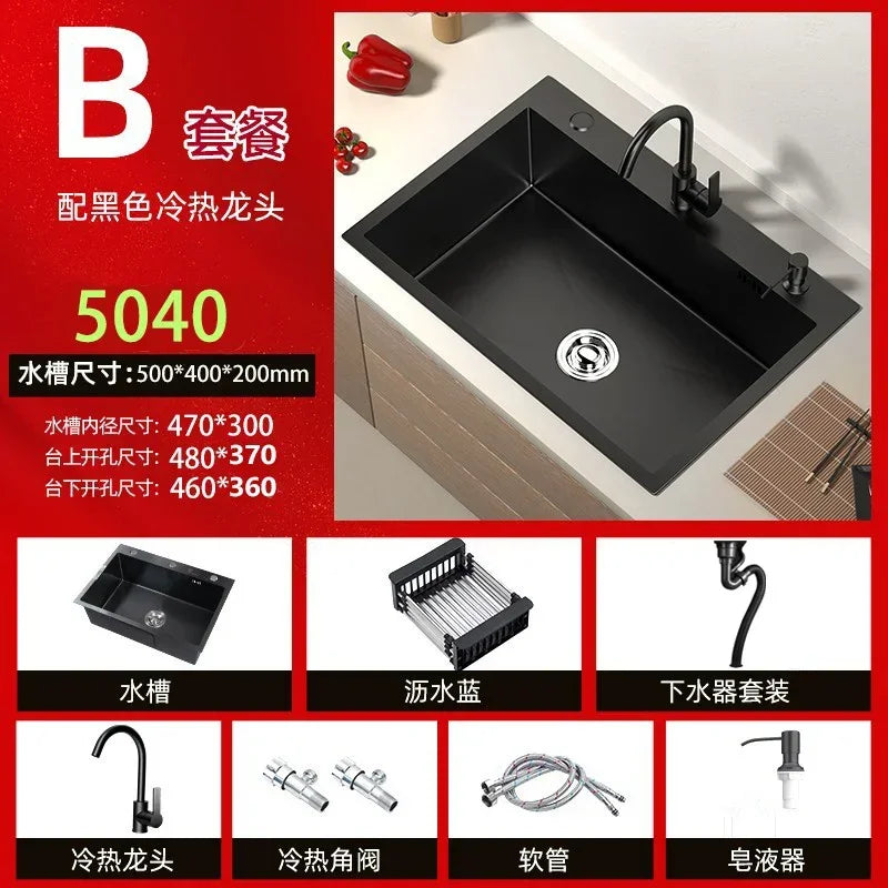 Stainless Steel Kitchen Sinks Black Nano Large Single Tank Countertop Basin Home Kitchen Vegetable Sink 304 Thickened Wash Basin