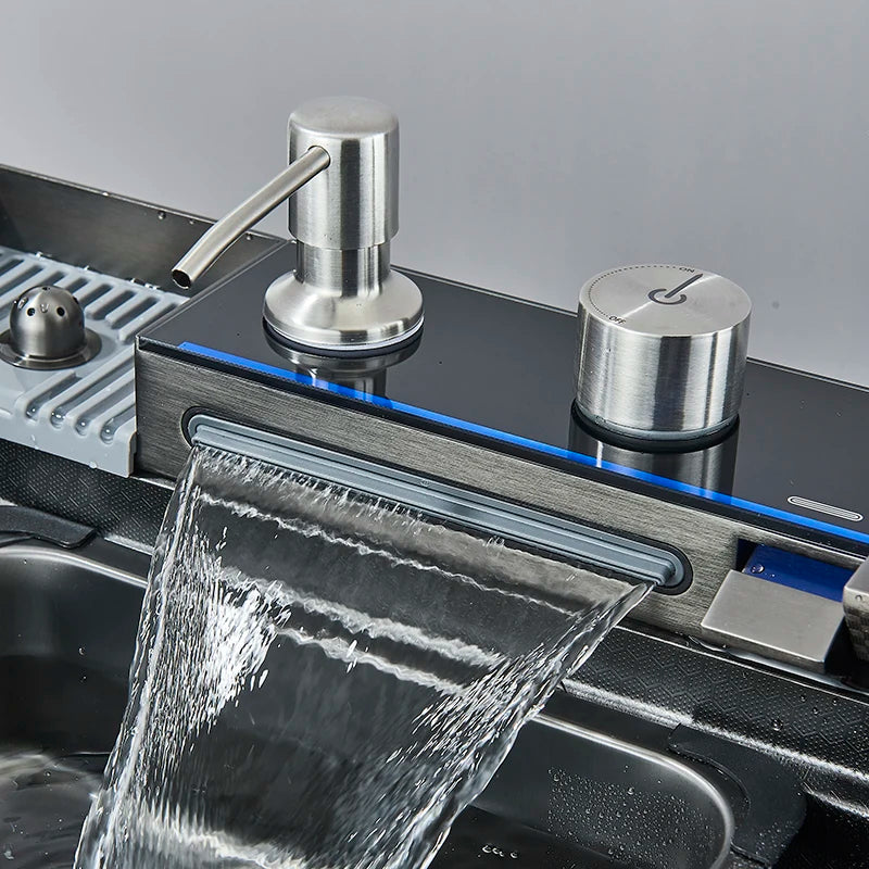 Kitchen Sink Faucet Large Integrate Digital Display Multi-Function Buttons Waterfall Soap Dispenser Cup Washer Kitchen Sink