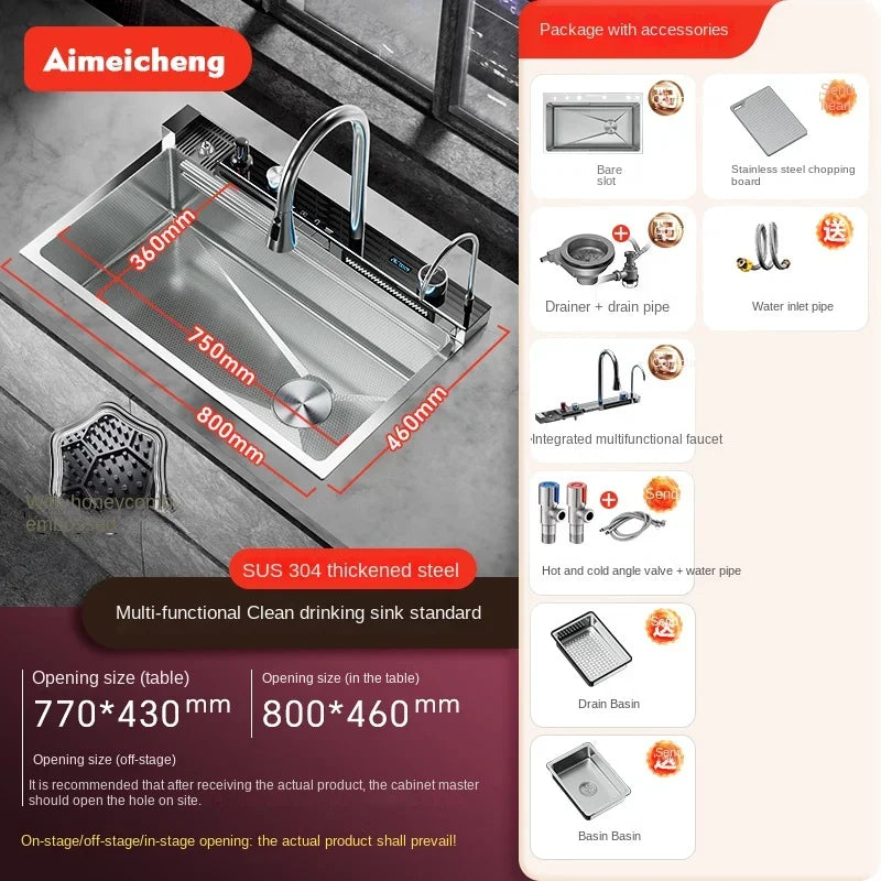 Silver Nano 304 Stainless Steel Digital Display Waterfall Sink Multifunctional Vegetable Washing Pool Integrated faucet