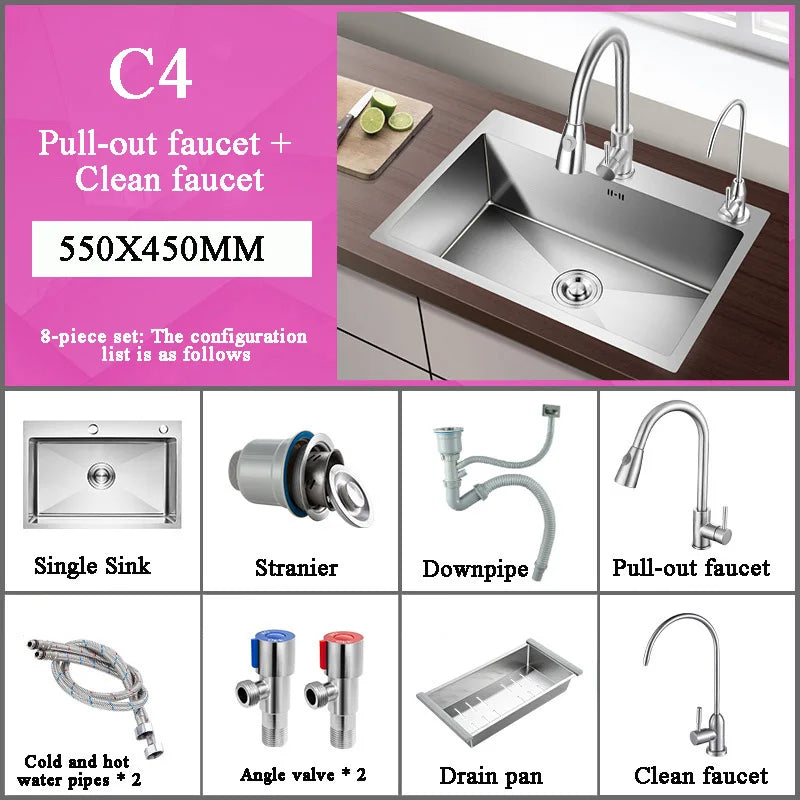 Stainless Steel Kitchen Sink Farmhouse Above Counter Undermounter Single Bowel Wash Basin With Gourmet Faucet Drain Accessories