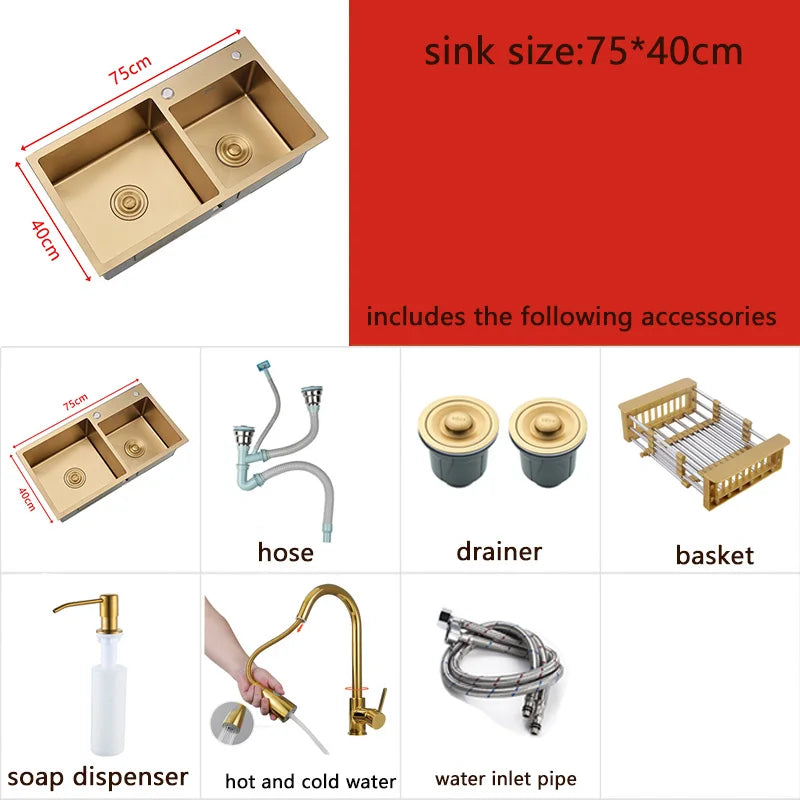 Gold Kitchen Sink Above Counter or Undermount double Bowl Goldn Basket Drainer Soap Dispenser Washing Basin 304 Stainless Steel