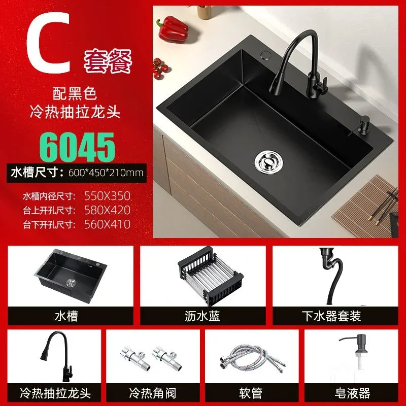 Stainless Steel Kitchen Sinks Black Nano Large Single Tank Countertop Basin Home Kitchen Vegetable Sink 304 Thickened Wash Basin