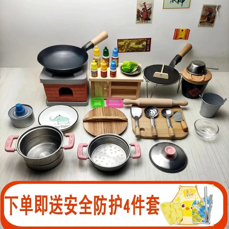 Mini Kitchen Full Set of Cooking and Edible Kitchenware, Real Edition, Children's Play Home, Large Stove