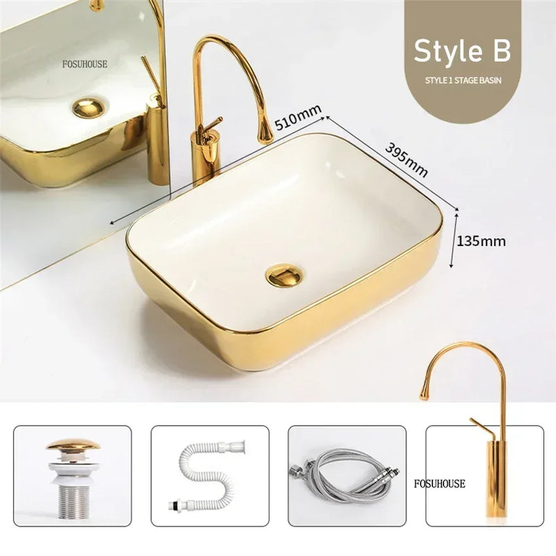 Luxury Gold Ceramic Tabletop Bathroom Sinks Home Hotel European Minimalist Household Washbasin Square Bathroom Wash Basins d