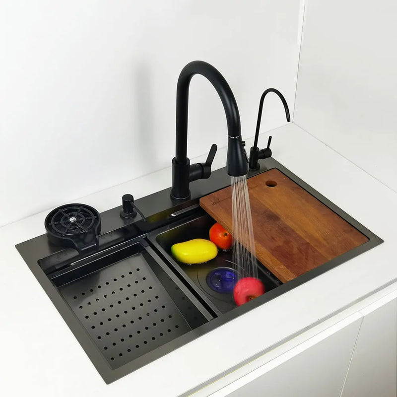 Kitchen Sink honeycomb anti-scratch nano technology left drain Above Mount Washing Basin Stainless Steel sinks waterfall faucet