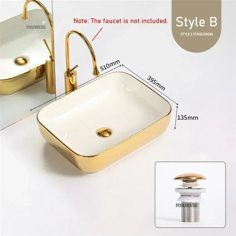 Luxury Gold Ceramic Tabletop Bathroom Sinks Home Hotel European Minimalist Household Washbasin Square Bathroom Wash Basins d