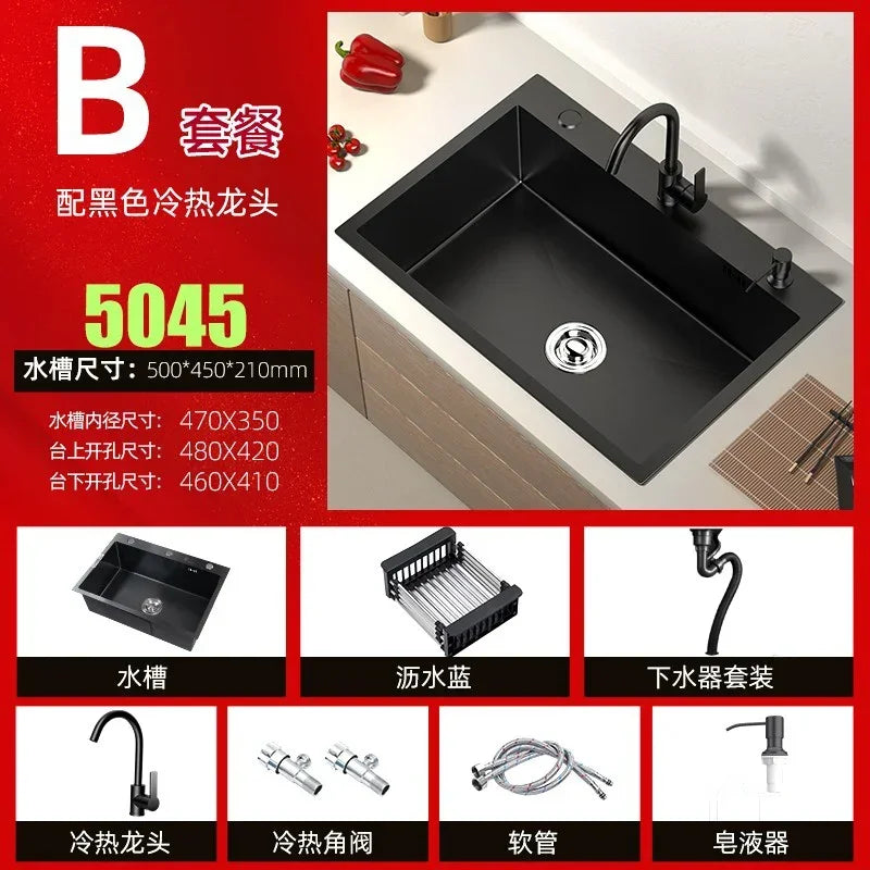 Stainless Steel Kitchen Sinks Black Nano Large Single Tank Countertop Basin Home Kitchen Vegetable Sink 304 Thickened Wash Basin