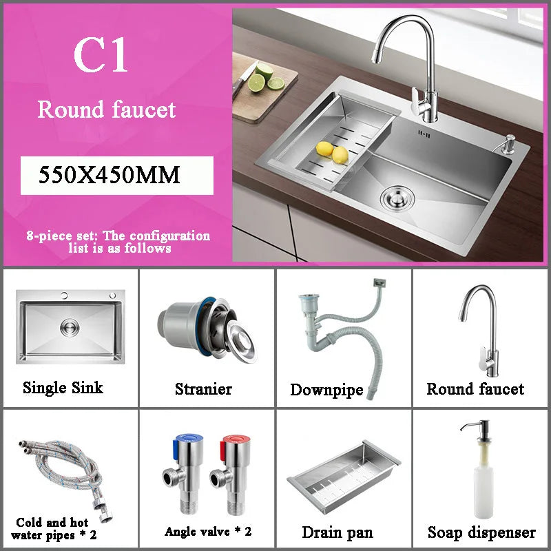 Stainless Steel Kitchen Sink Farmhouse Above Counter Undermounter Single Bowel Wash Basin With Gourmet Faucet Drain Accessories