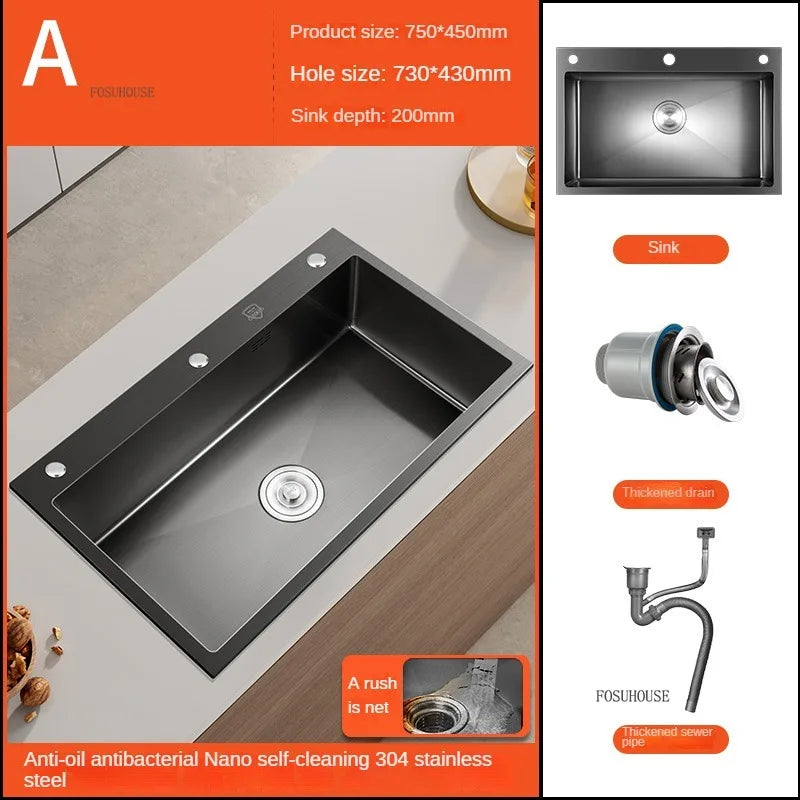 German Nano Sinks for Apartments Black Metal Three-hole Drain Kitchen Sink Light Luxury Household Kitchen Sink for Rental Houses