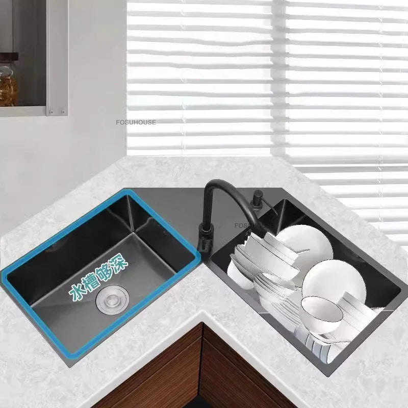 Stainless Steel Corner Kitchen Sinks L-shaped Large Corner Dishwashing Basin Handmade Double-slot Dishwashing Sink for Kitchen X