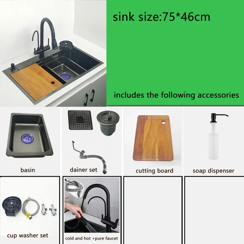 Matte Black Nano Kitchen Sink Above Mount Washing Basin with chopping board 304 Stainless Steel Single black kitchen sink