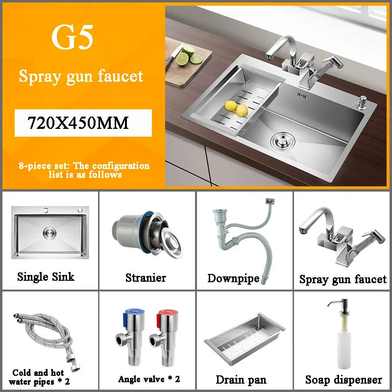 Stainless Steel Kitchen Sink Farmhouse Above Counter Undermounter Single Bowel Wash Basin With Gourmet Faucet Drain Accessories