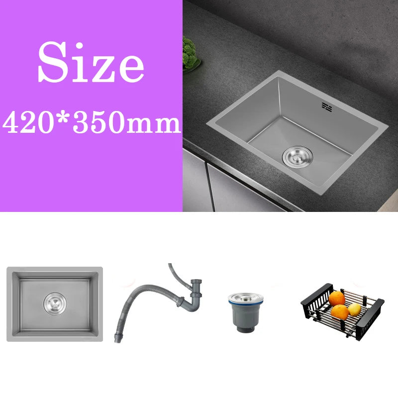 Small Gray Kitchen Sink Above Counter or Undermount 304 Stainless Steel Single Bowl Washing Basin Drain Accessories for Kitchen