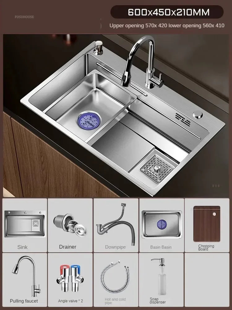 Light Luxury Silver Nano Sink for Kitchen Modern Stainless Steel Three-hole Kitchen Sinks Creative Household Sinks for Balcony