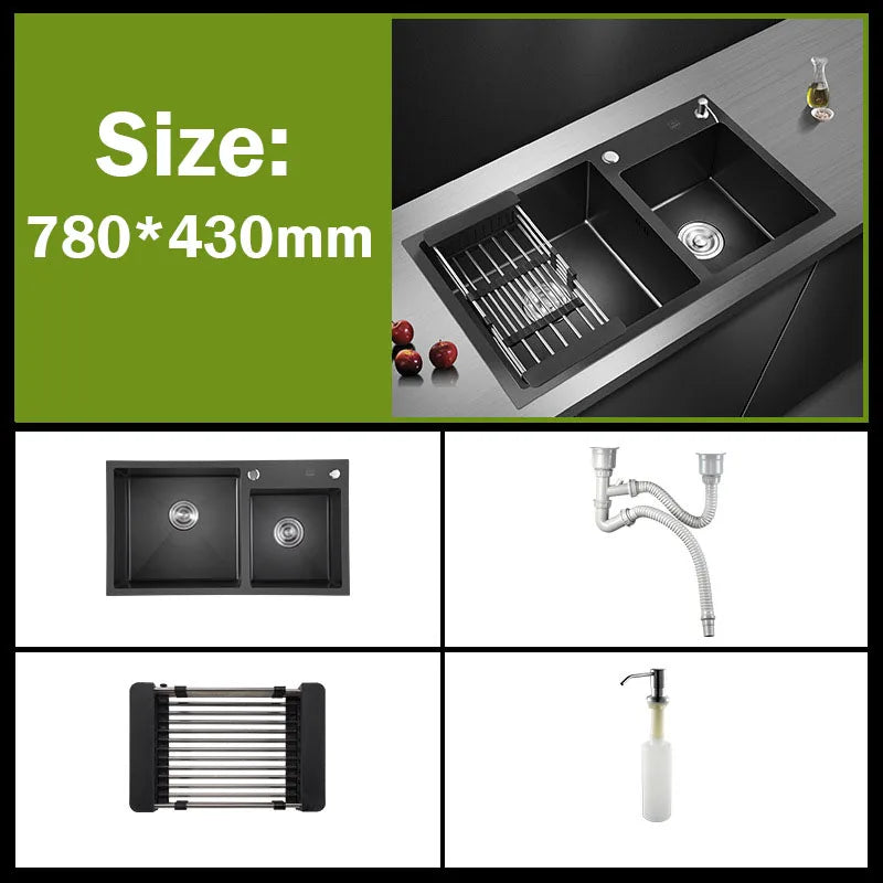 304 Stainless Steel Nano Black Kitchen Sink Vegetable Wash Basin For Home Fixture With  Faucet Drain Accessories Topmount