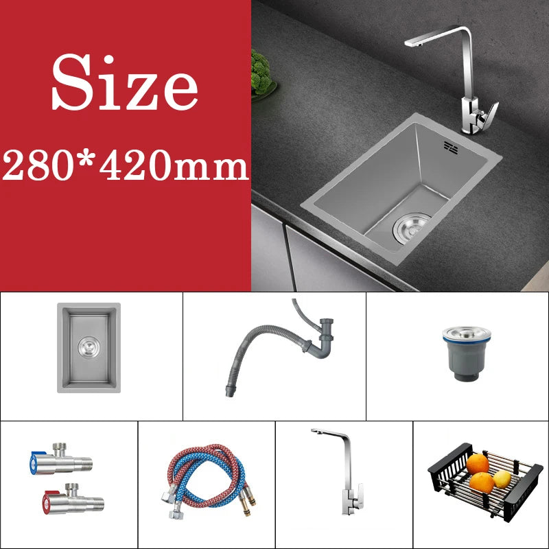 Small Gray Kitchen Sink Above Counter or Undermount 304 Stainless Steel Single Bowl Washing Basin Drain Accessories for Kitchen