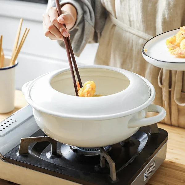 Japanese white porcelain enamel frying pan home thickened tempura double ears soup health stewpan pot induction cooker general