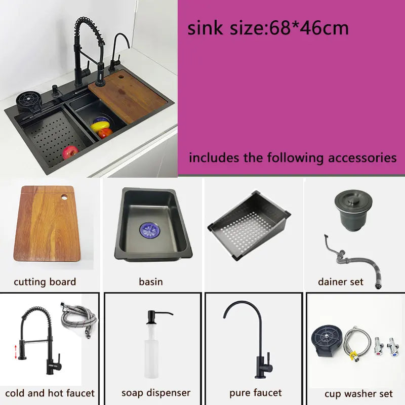 Kitchen Sink honeycomb anti-scratch nano technology left drain Above Mount Washing Basin Stainless Steel sinks waterfall faucet