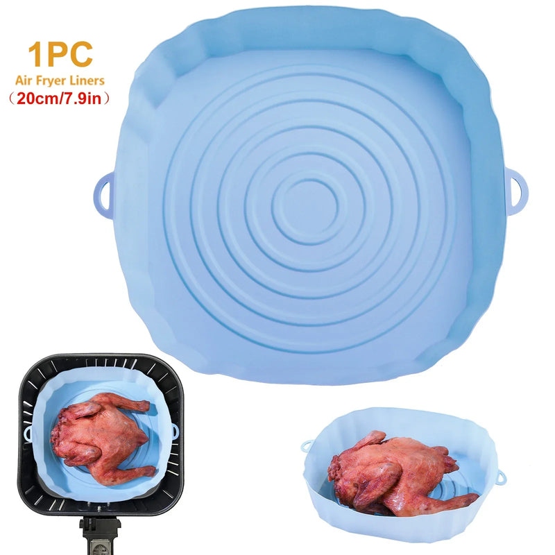 1pc Air Fryer Silicone Basket Silicone Mold Airfryer Oven Baking Tray Pizza Fried Chicken Basket Reusable Pan Liner Accessories