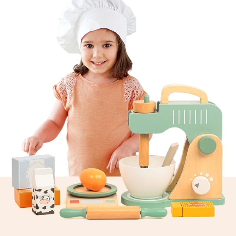 Girls Simulation Pretend Play Kitchen Toy Wood Kitchen Cooking Utensils Blender Make Cake Food Toy Miniature Kitchen Set