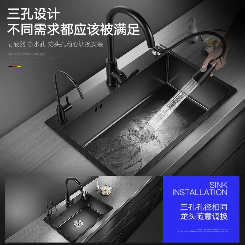 Kitchen Vegetable Basin Sink Large Single Slot 304 Stainless Steel Hand-thickened Under-counter Basin Dishwasher Black Set New