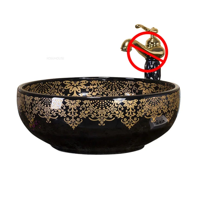American Art Bathroom Sinks European Ceramic Wash Basin Retro Home Round Single Basin Balcony Toilet Creative Hand Painted Basin