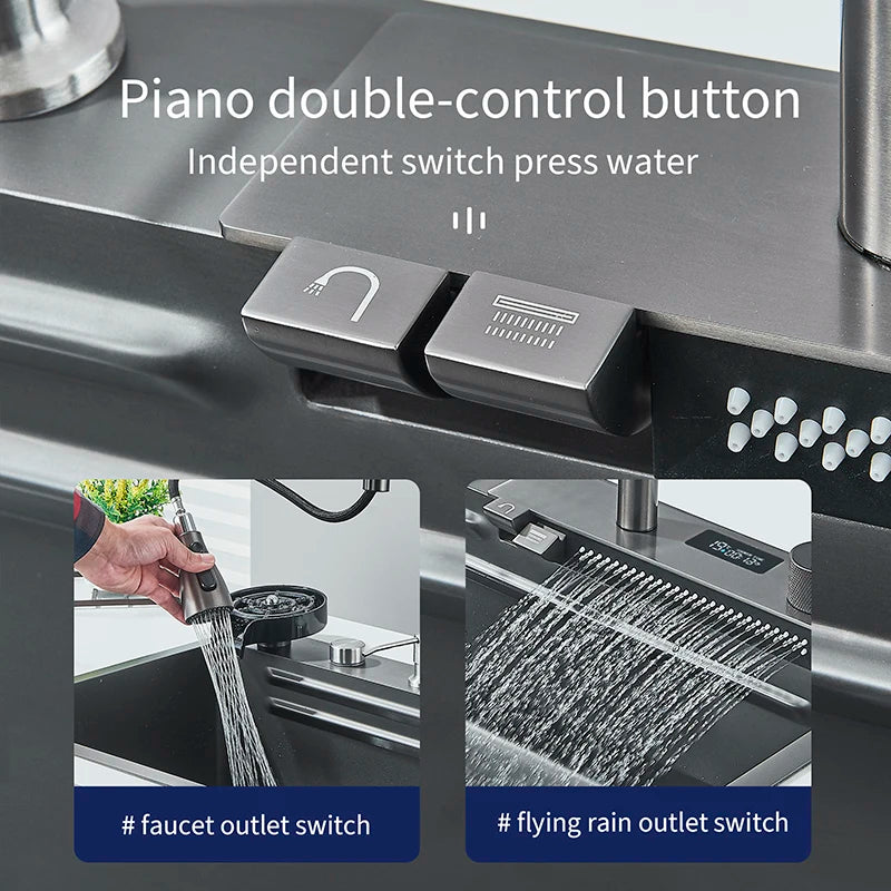 Hownifety Waterfall Sink Kitchen Stainless Steel Topmount Sink Large Single Slot Wash Basin With Multifunction Waterfall Faucet