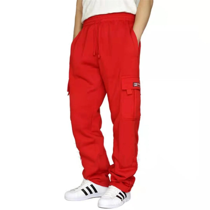 Autumn And Winter New Men Plus Thin Fleece Bunched Feet Tooling Casual Side Pocket Sports Fashion Straight Plus Size Pants