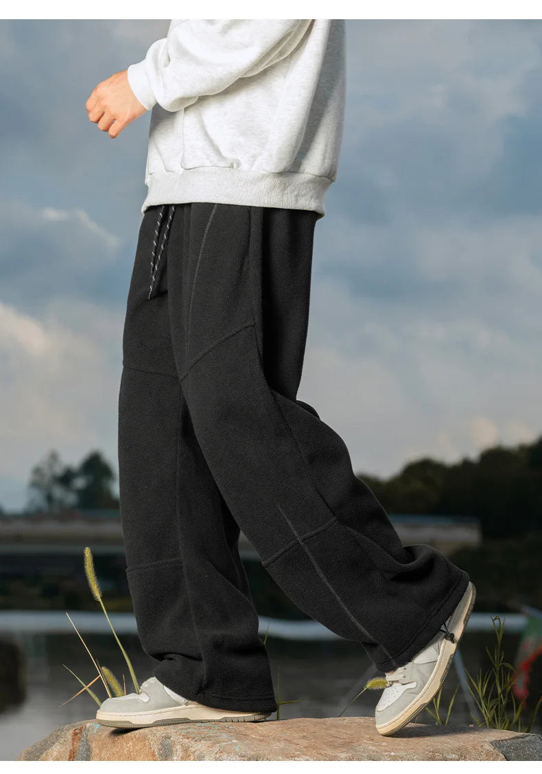 Splicing Split Design Shake Velvet Casual Pants Men's Autumn Winter Loose Leg Adjustable Drawstring Long Pants Warm  Soft