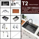 Black Nano Kitchen Sink 304 Stainless Steel Waterfall Sink Basin Large Single Bowl with Multifunction Touch Waterfall Faucet