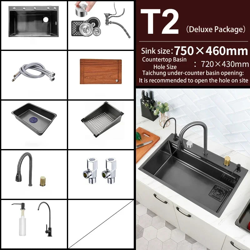 Black Nano Kitchen Sink 304 Stainless Steel Waterfall Sink Basin Large Single Bowl with Multifunction Touch Waterfall Faucet