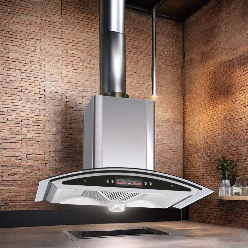 90cm Island Range Hood with Low Noise Vertical Chimney Extractor Home Appliance Kitchen Cooker Hood LED Light Copper Housing