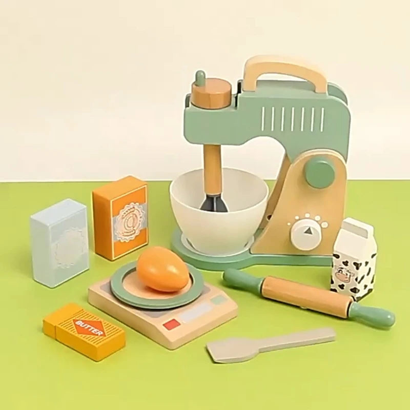 Girls Simulation Pretend Play Kitchen Toy Wood Kitchen Cooking Utensils Blender Make Cake Food Toy Miniature Kitchen Set