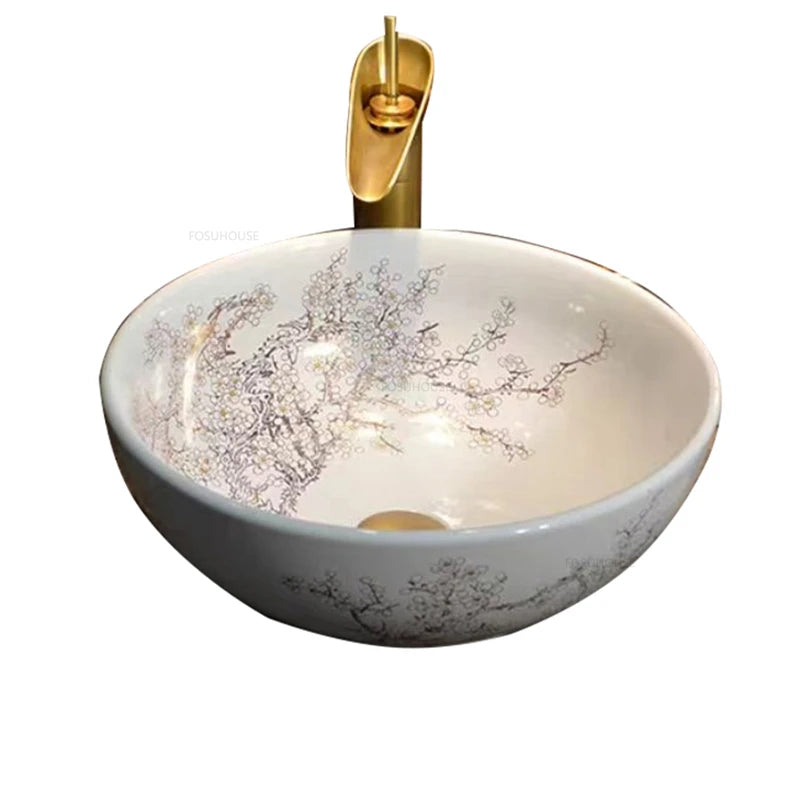 American Art Bathroom Sinks European Ceramic Wash Basin Retro Home Round Single Basin Balcony Toilet Creative Hand Painted Basin