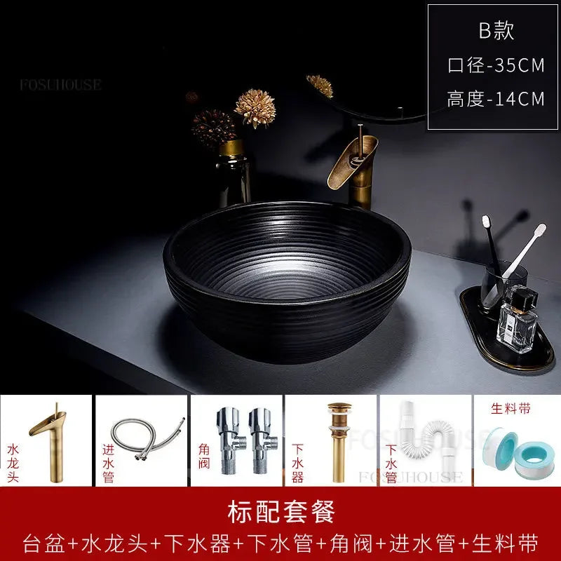 European Retro Bathroom Sinks Ceramic Home Bathroom Washbasins Countertop Basin Small Size Washing Sink Round Single Wash Basin
