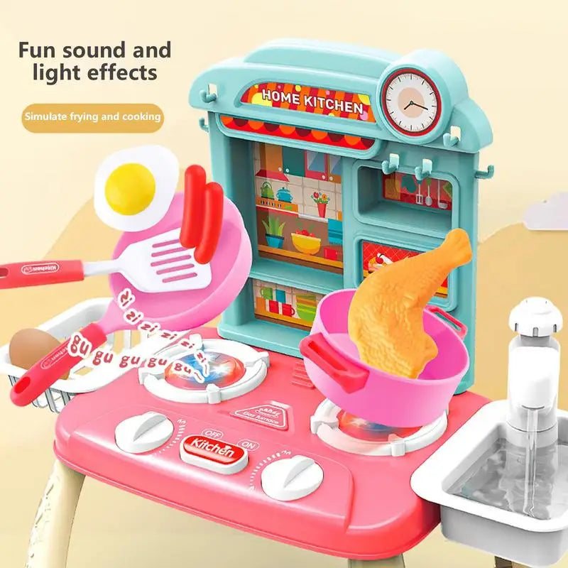 27PCS Kids Mini Kitchen Playset Toys With Light Sound Running Water Role Playing Game Pretend Cooking Simulated Cookware Playset