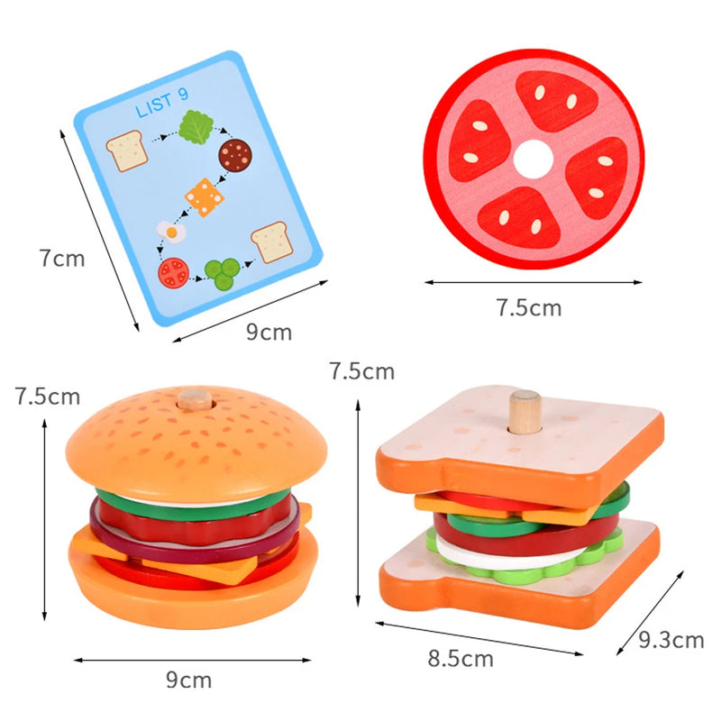 Wooden Burger Sandwich Stacking Toys For Toddler Kids Preschool Learning Educational Toys Pretend Play Food Kitchen Toys Gift