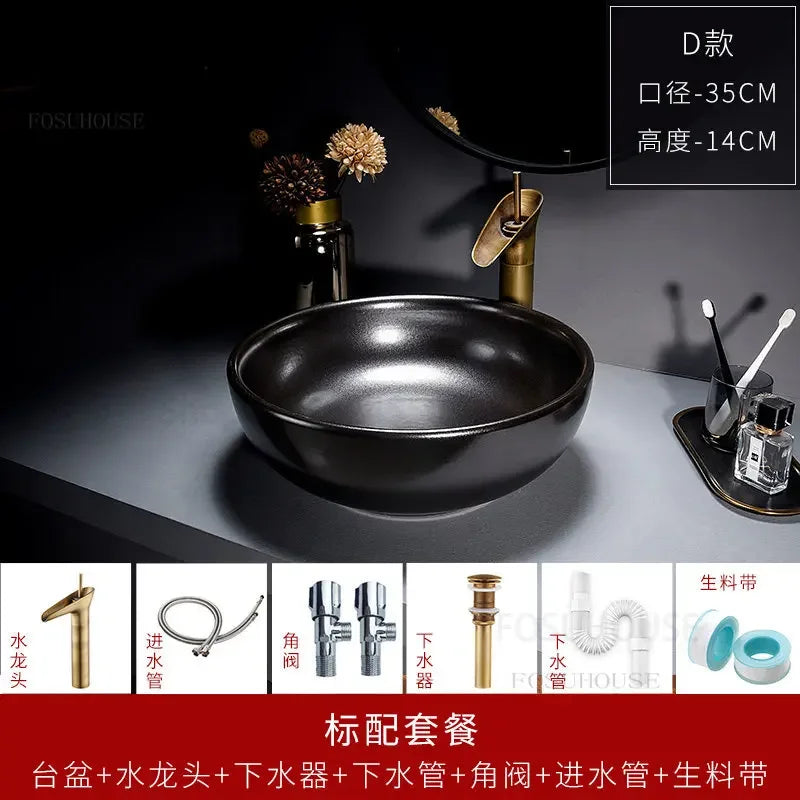 European Retro Bathroom Sinks Ceramic Home Bathroom Washbasins Countertop Basin Small Size Washing Sink Round Single Wash Basin