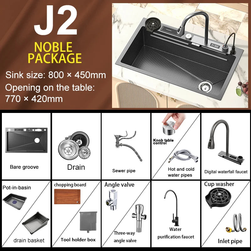 Waterfall Sink Stainless Steel Kitchen Sink Embossed Large Single Slot Ambient light Digital Display Faucet Set Soap Dispenser