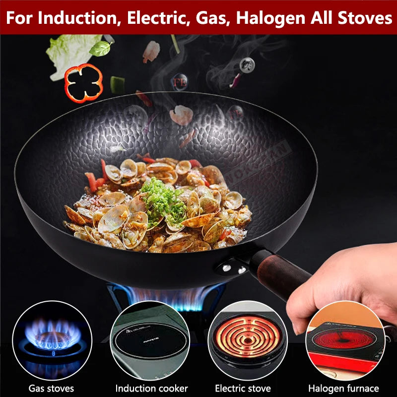 32cm Carbon Steel Wok Woks & Stir Fry Pans Wok Pan with Lid No Chemical Coated Flat Bottom Wok for Electric Induction Gas Stoves