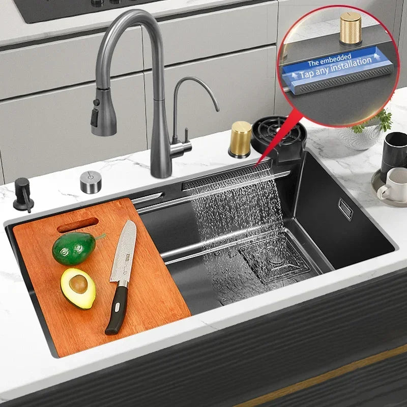 Black Nano Kitchen Sink 304 Stainless Steel Waterfall Sink Basin Large Single Bowl with Multifunction Touch Waterfall Faucet