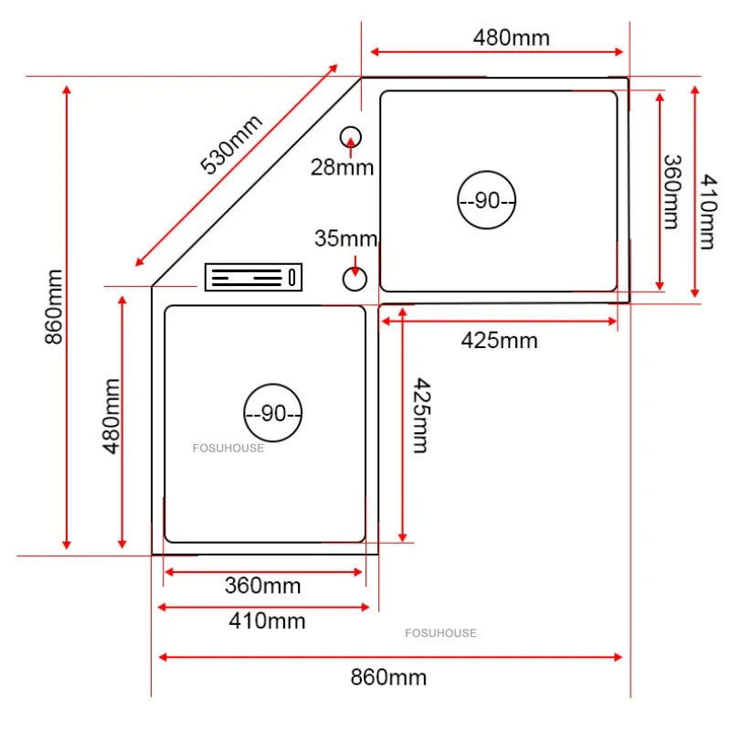 Stainless Steel Corner Kitchen Sinks L-shaped Large Corner Dishwashing Basin Handmade Double-slot Dishwashing Sink for Kitchen X