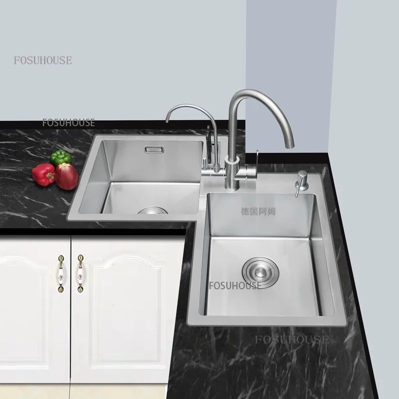 Kitchen Furniture Thickened 304 Stainless Steel Sink Basin Corner Shaped Double Stainless Steel Kitchen Sinks  Accessories Bh
