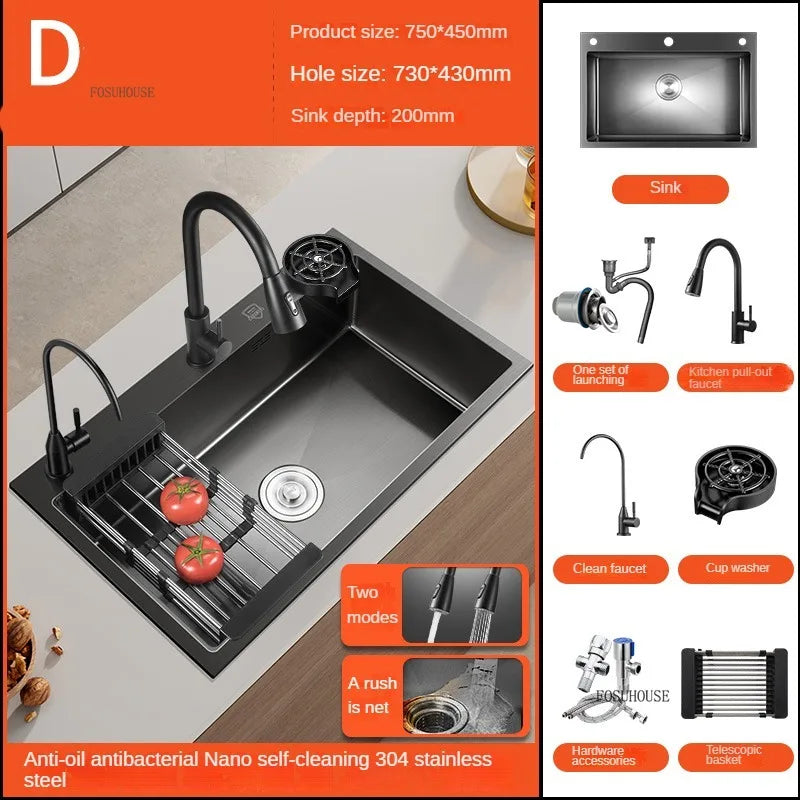 German Nano Sinks for Apartments Black Metal Three-hole Drain Kitchen Sink Light Luxury Household Kitchen Sink for Rental Houses